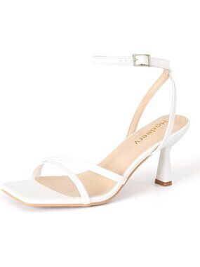 〽️Womens White Strappy Square Toe Kitten Heels Ankle Strap Wedding Party Sandal